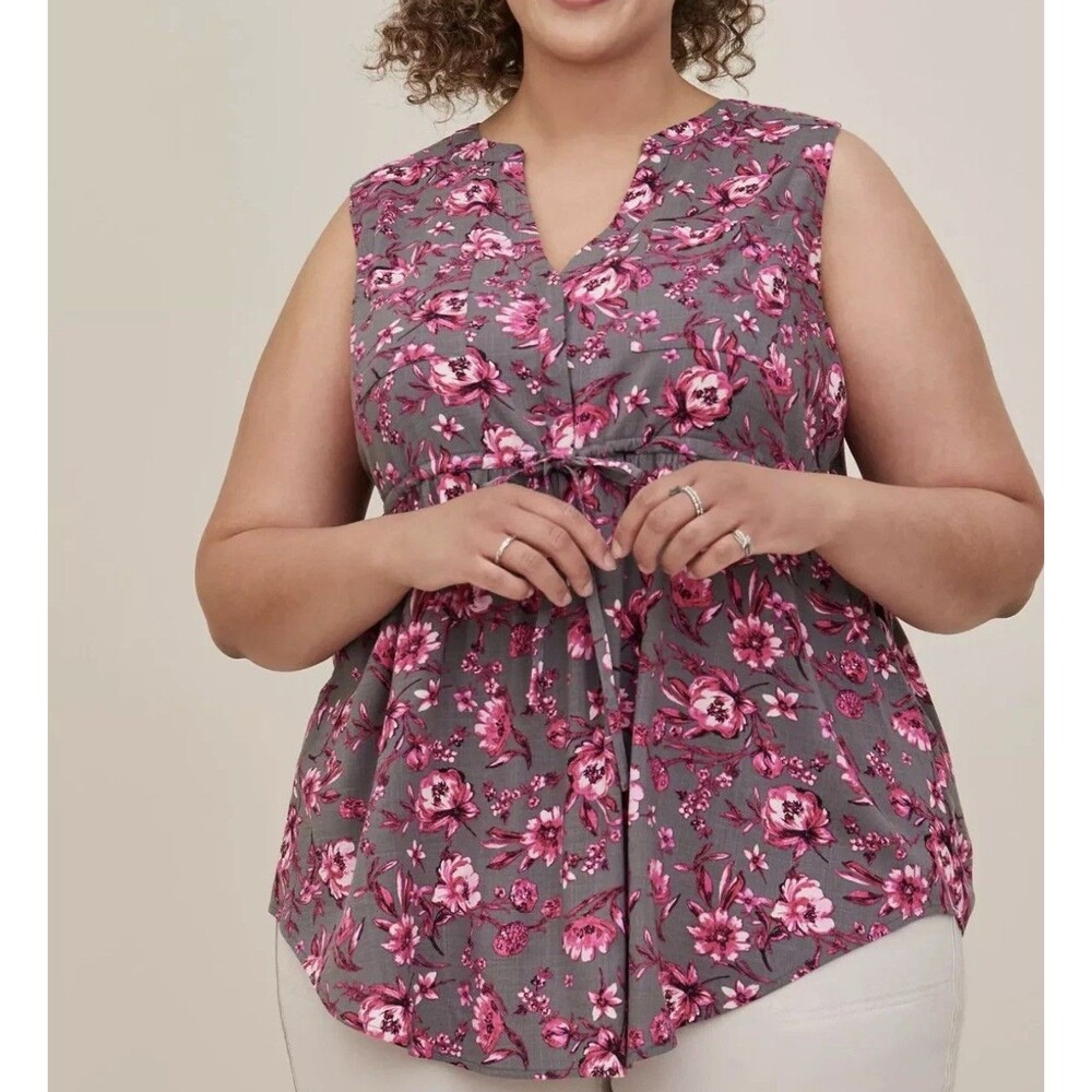 TORRID 5X Pink Floral Emma Babydoll Rayon Slub Tie Waist Sleeveless Tunic Top